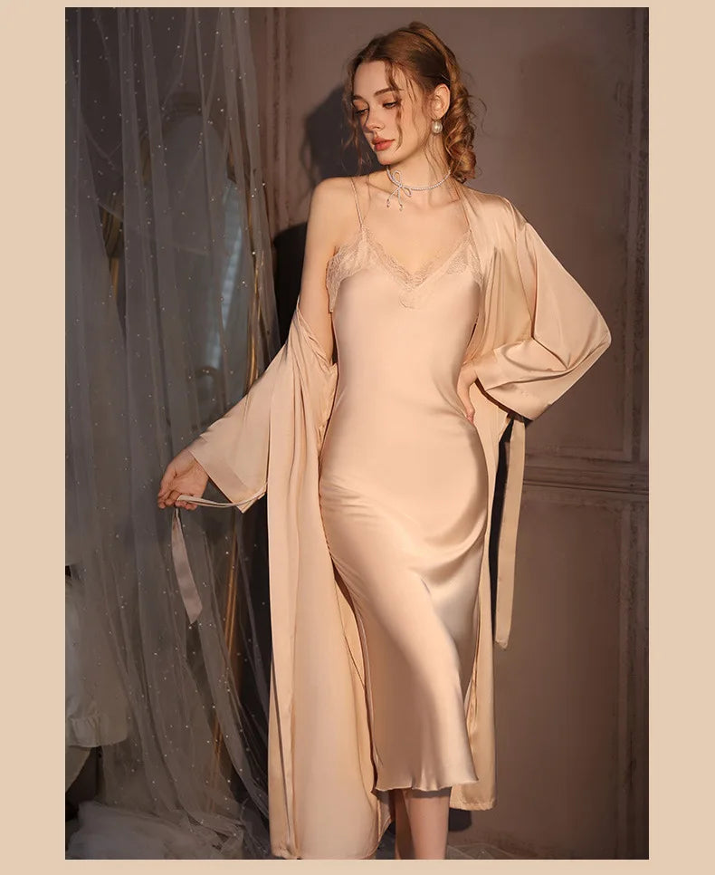 Elegant Female Twinset Robe Set Long Kimono Bathrobe Gown Sexy Lace Nightgown Lingerie Spring Autumn New Sleepwear Home Dress