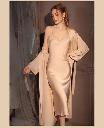 Elegant Female Twinset Robe Set Long Kimono Bathrobe Gown Sexy Lace Nightgown Lingerie Spring Autumn New Sleepwear Home Dress