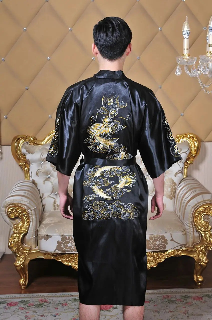 Embroider Dragon Kimono Bathrobe Gown Chinese Style Robe Classical Man Homewear Long Satin Nightgown Loose Sleepwear Loungewear