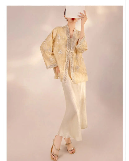 Chinese Style Tang Clothes Qipao Tops Sequin Embroidery Hanfu Cardigan Vintage V-Neck Women Jacket Elegant Spring Summer Outwear