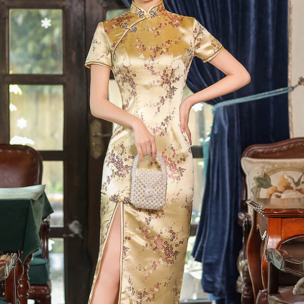 Oversize Chinese Style Dress Vintage Women's Long Qipao Dragon Phoenix Jacquard Satin Cheongsam Hanfu Sexy Slim Brocade Vestidos
