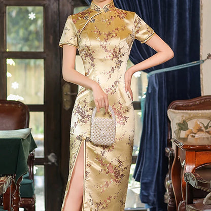 Oversize Chinese Style Dress Vintage Women's Long Qipao Dragon Phoenix Jacquard Satin Cheongsam Hanfu Sexy Slim Brocade Vestidos