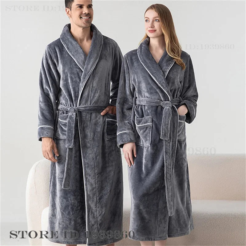 Autumn Winter Women's Sleepwear Thicken Flannel Couple Long Robe Kimono Bathrobe Gown Loungewear Loose Coral Fleece Home Wear