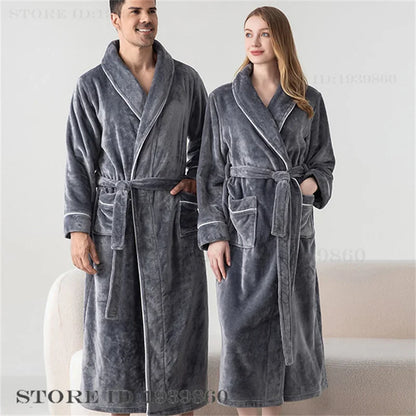 Autumn Winter Women's Sleepwear Thicken Flannel Couple Long Robe Kimono Bathrobe Gown Loungewear Loose Coral Fleece Home Wear