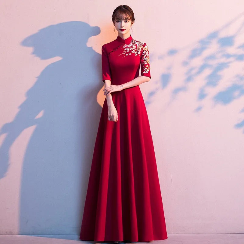 Plus Size 3XL Chinese Style Evening Party Dress Lady Qipao Burgundy Embroidery Applique Cheongsam Banquet Dress Elegant Vestidos
