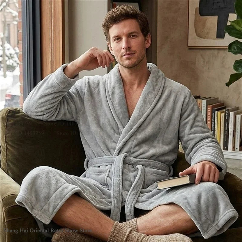 Thicken Flannel Men's Robe Kimono Gown Autumn Winter New Sleepwear Home Clothes Green Loose Coral Fleece Loungewear Bathrobe