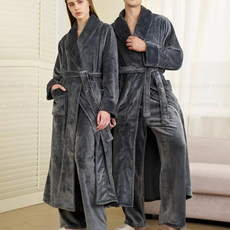 Autumn Winter Couple Sleepwear Home Clothing Thicken Flannel Long Robe Pajama Set Kimono Gown Bathrobe Coral Fleece Loingewear
