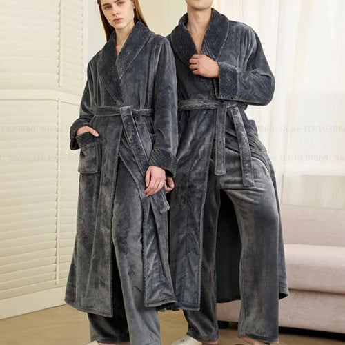 Autumn Winter Couple Sleepwear Home Clothing Thicken Flannel Long Robe Pajama Set Kimono Gown Bathrobe Coral Fleece Loingewear