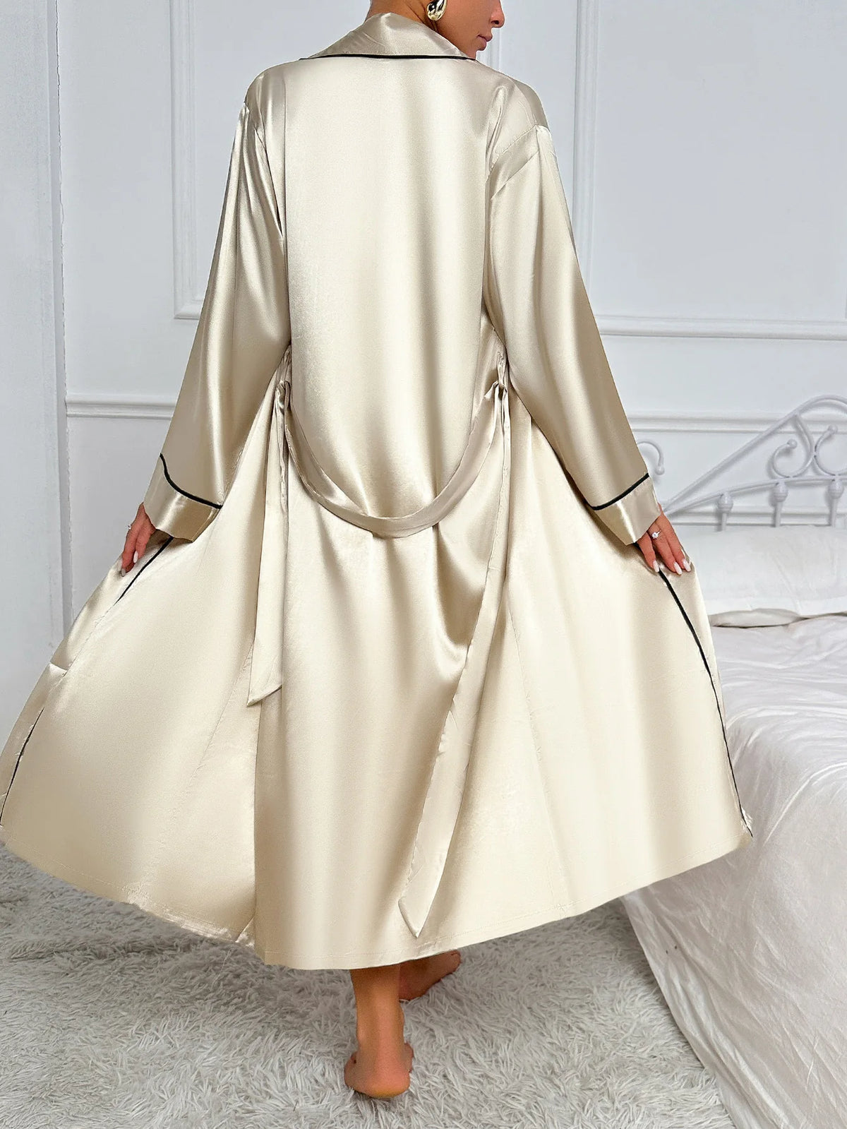 Sexy Long Twinset Robe Set Chemise Nightgown Women Nightwear Summer Silk Satin Home Dress Sleepwear Loose Lounge Wear Lingerie