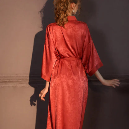 Luxury Jacquard Long Robe Nightgown Women Half Sleeve Kimono Bathrobe Gown Satin Ice Silk Sleepwear Sexy Home Dress Lounge Wear