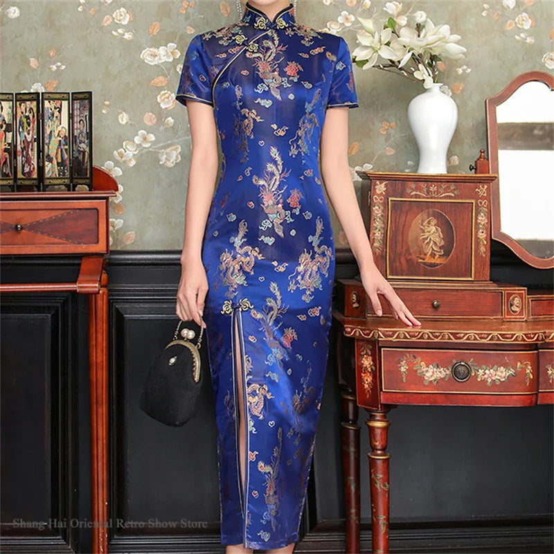 Oversize Chinese Style Dress Vintage Women's Long Qipao Dragon Phoenix Jacquard Satin Cheongsam Hanfu Sexy Slim Brocade Vestidos