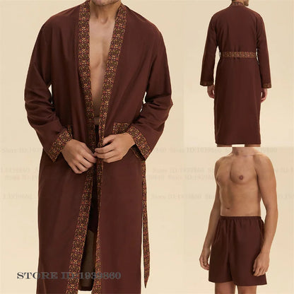 Baroque Style Men's Long Robe Set Pajamas Silky Satin Print Kimono Gown Bathrobe Shorts Pijamas Suit Loose Homewear Lounge Wear
