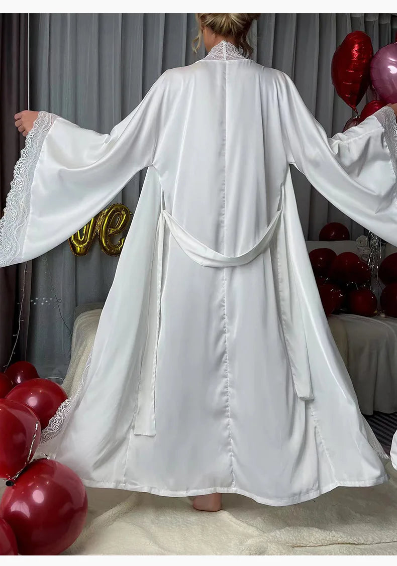 Sexy Lace Kimono Bathrobe Gown Ice Silk Women Long Robe Dress Nightgown Spring New Sleepwear Nightwear Loose Homewear Loungewear