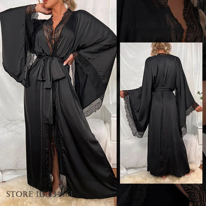 Sexy Lace Kimono Bathrobe Gown Ice Silk Women Long Robe Dress Nightgown Spring New Sleepwear Nightwear Loose Homewear Loungewear