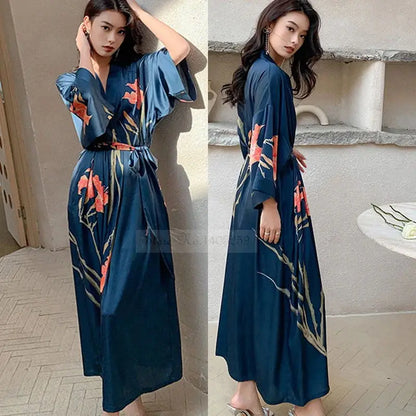Black Print Flower Long Robe Nightgown Spring Summer Half Sleeve Kimono Bathrobe Gown Women Sexy Rayon Home Dress Loungewear