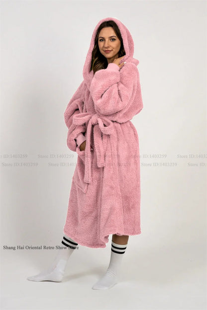 Thicken Coral Fleece Mens Hooded Long Robe Sleepwear Autumn Winter New Nightwear Homewear Loose Casual Flannel Loungewear Pajama