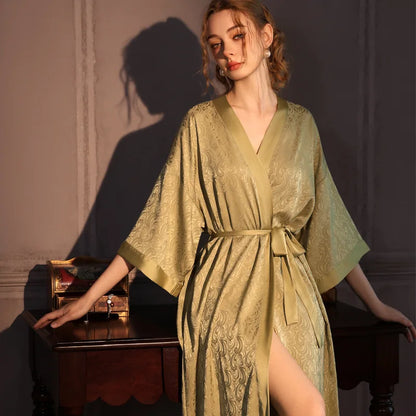 Luxury Jacquard Long Robe Nightgown Women Half Sleeve Kimono Bathrobe Gown Satin Ice Silk Sleepwear Sexy Home Dress Lounge Wear
