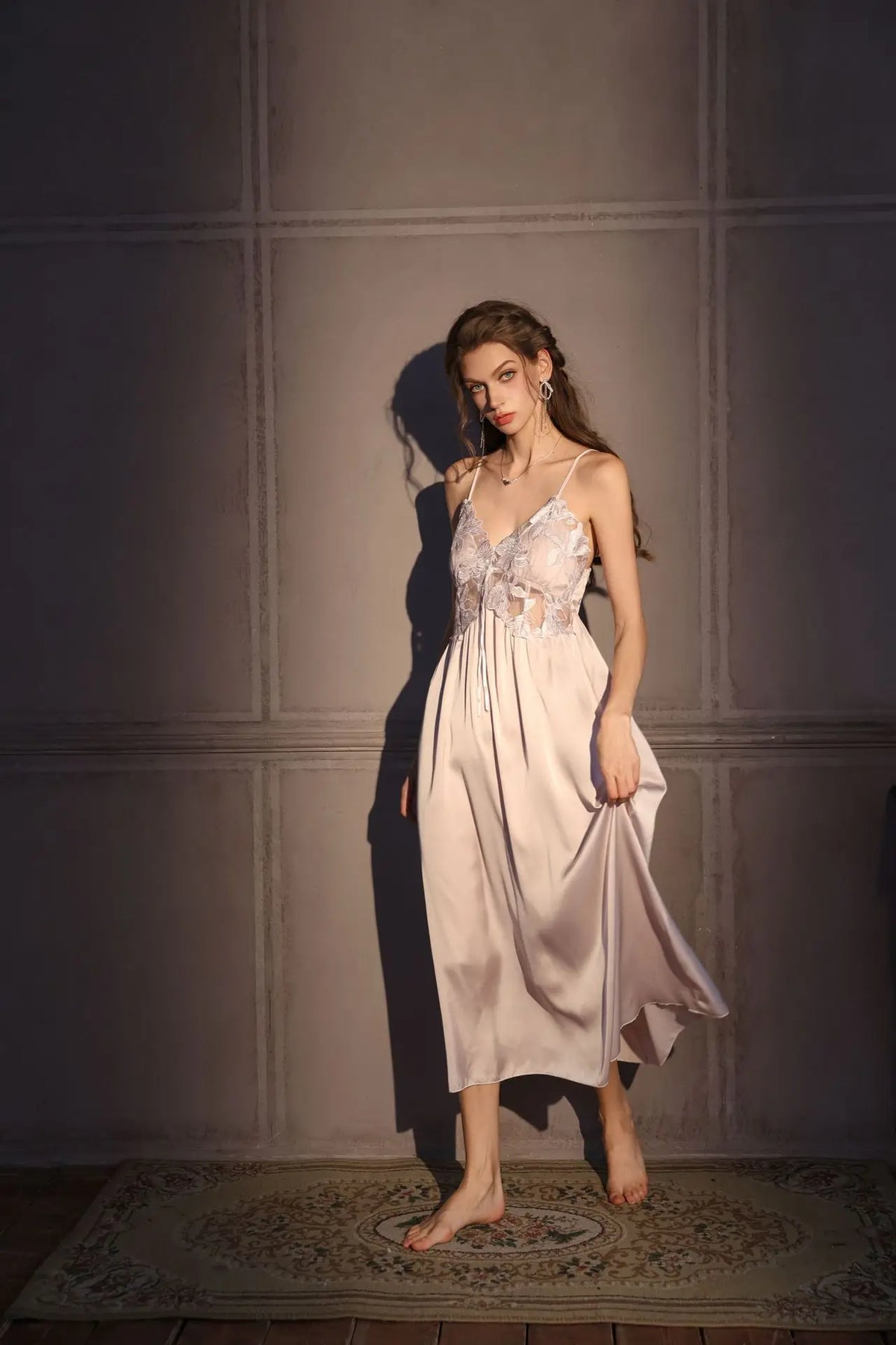 Elegant Female Long Robe Set Nightgown Silky Ice Silk Sleepwear Homewear SEXY Hollow Out Lace Nightdress Lingerie Loungewear