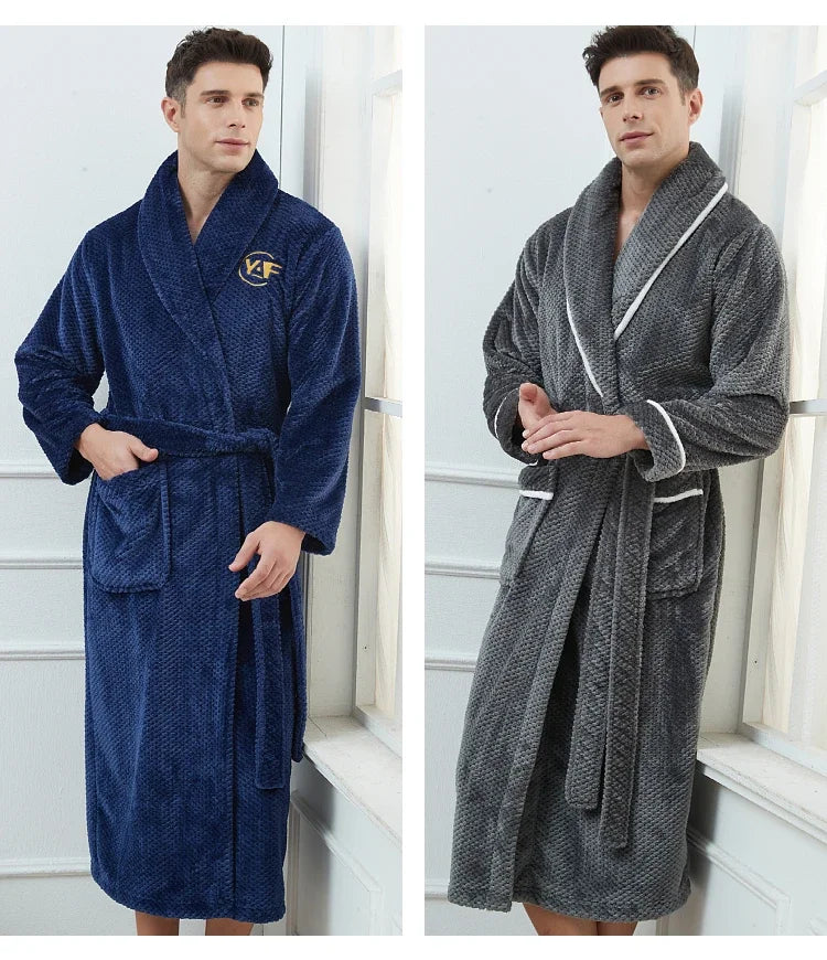 Winter Autumn Thicken Lapel Kimono Shower Robe Men's Warm Flannel Bathrobe Sleepwear with Pocket Loungewear Plus Size 3Xl 4Xl