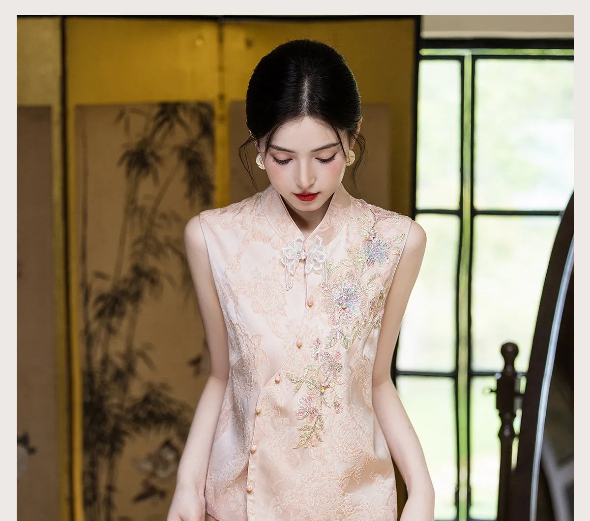 New Chinese Style Women Costume Vest Qipao Set Retro Jacquard Embroidery Tang Costume Silky Satin Waistcoat Dress Evening Dress