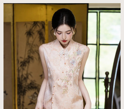 New Chinese Style Women Costume Vest Qipao Set Retro Jacquard Embroidery Tang Costume Silky Satin Waistcoat Dress Evening Dress