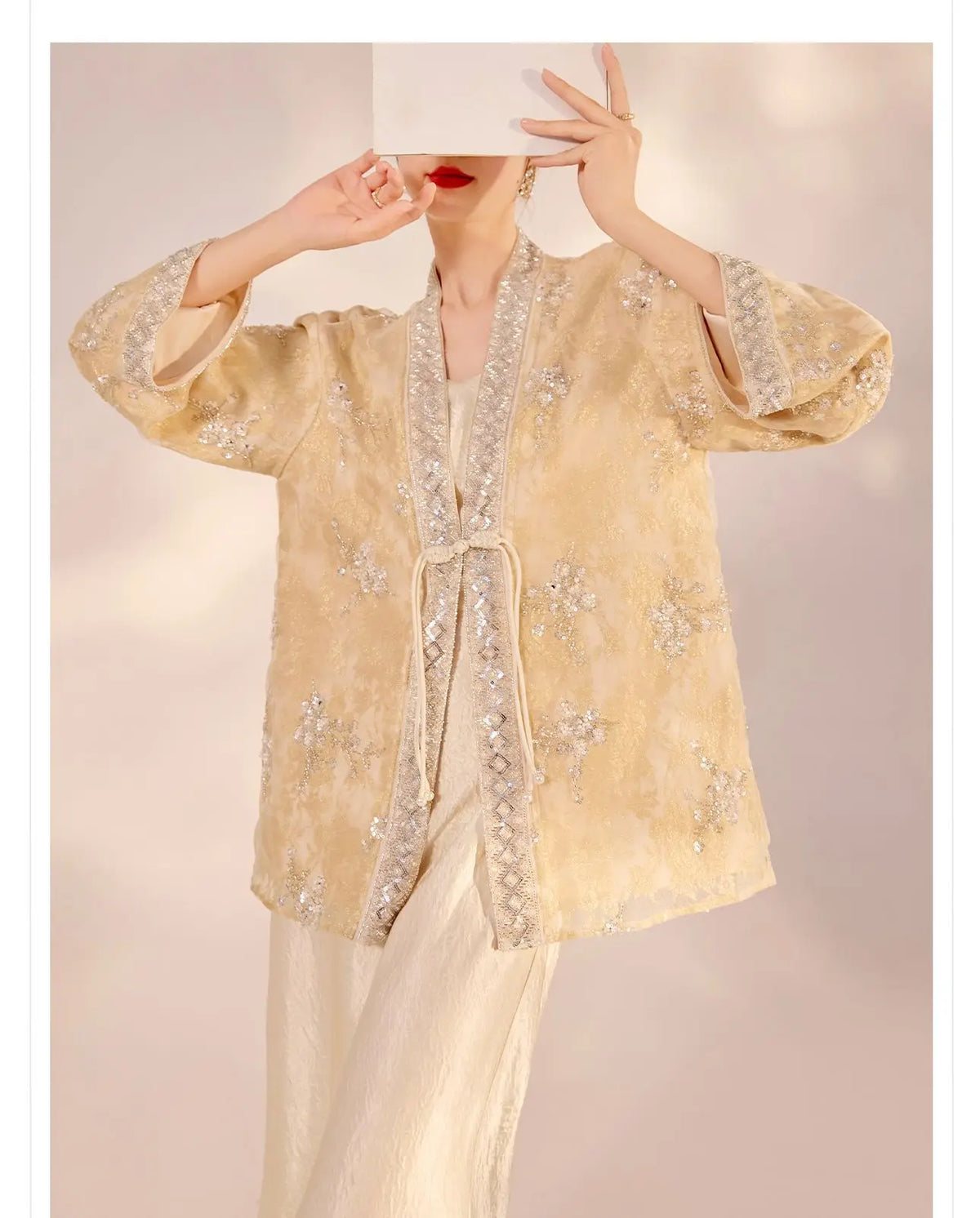 Chinese Style Tang Clothes Qipao Tops Sequin Embroidery Hanfu Cardigan Vintage V-Neck Women Jacket Elegant Spring Summer Outwear