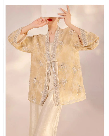 Chinese Style Tang Clothes Qipao Tops Sequin Embroidery Hanfu Cardigan Vintage V-Neck Women Jacket Elegant Spring Summer Outwear