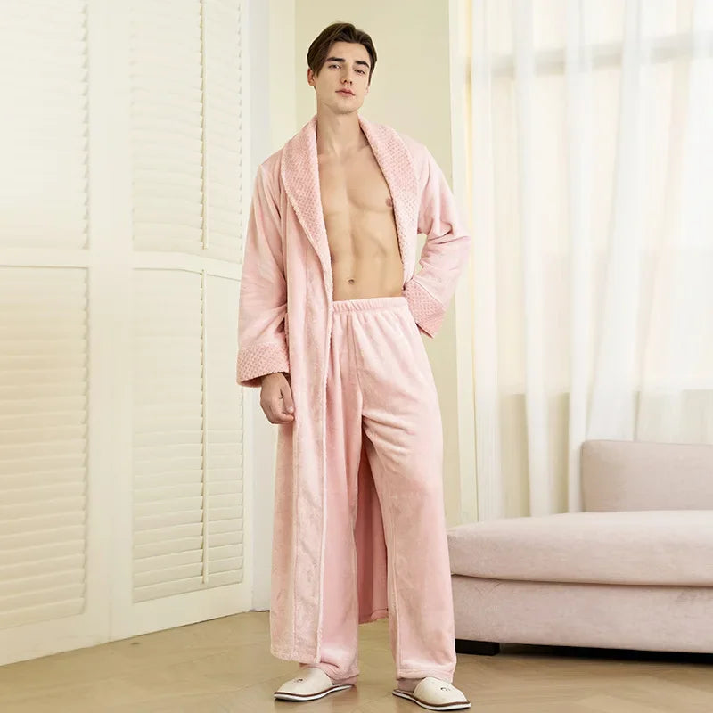 Autumn Winter Couple Sleepwear Home Clothing Thicken Flannel Long Robe Pajama Set Kimono Gown Bathrobe Coral Fleece Loingewear