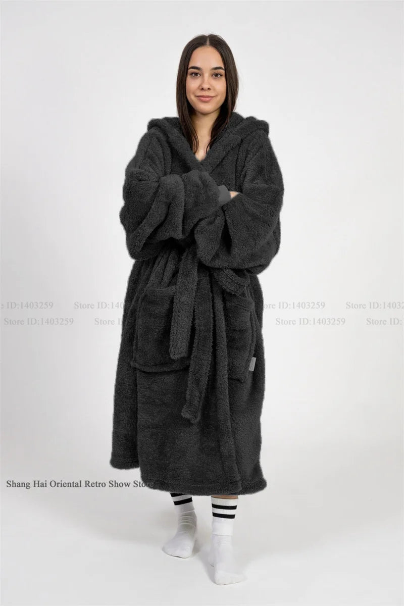 Thicken Coral Fleece Mens Hooded Long Robe Sleepwear Autumn Winter New Nightwear Homewear Loose Casual Flannel Loungewear Pajama