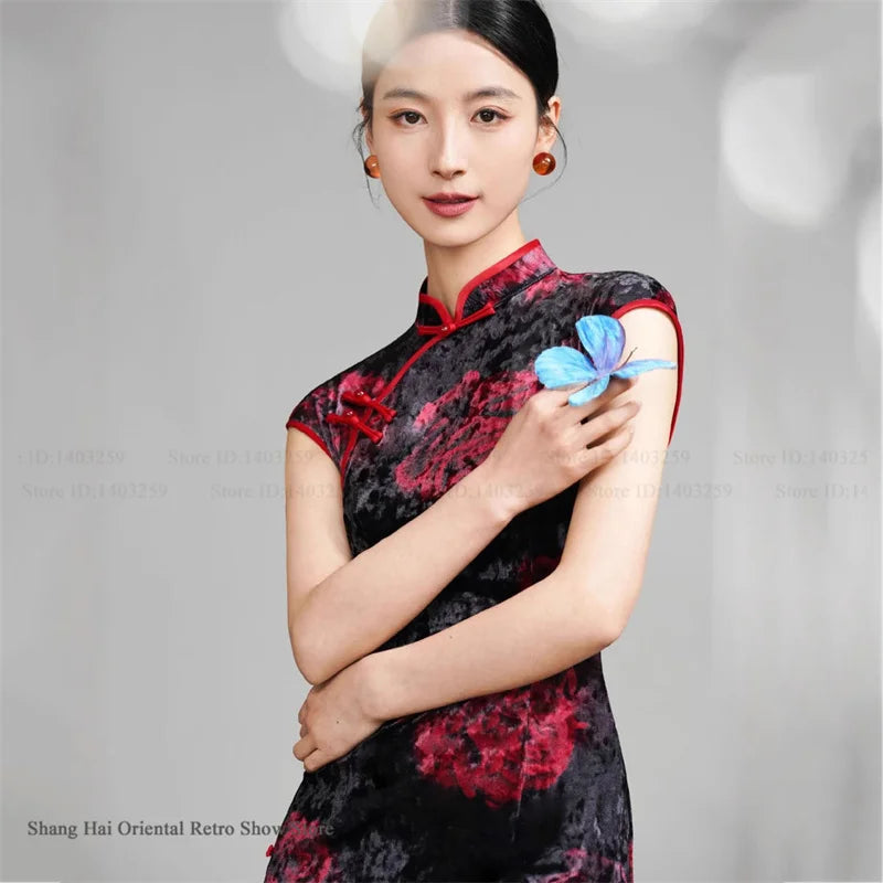 Vintage Women Velvet Cheongsam Improved Plus Size Dress Chinese Traditional Evening Dresses Female Sexy Long Qipao Costume 3XL