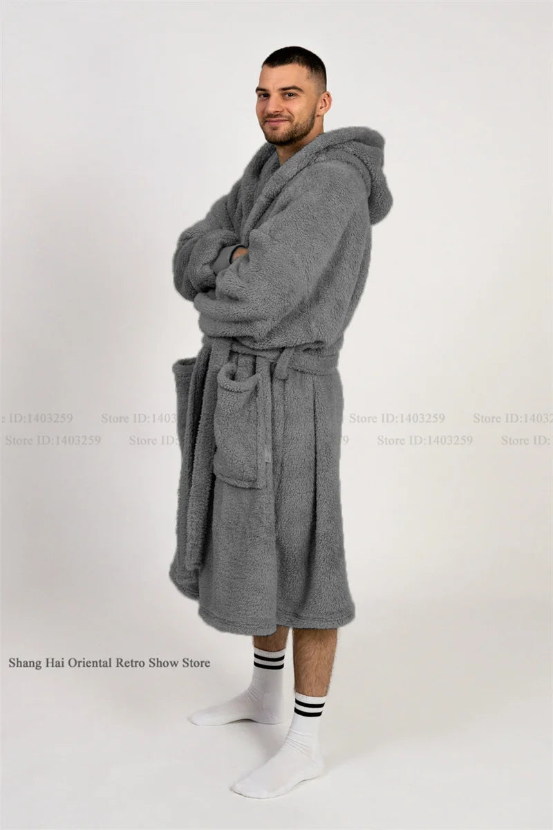 Thicken Coral Fleece Mens Hooded Long Robe Sleepwear Autumn Winter New Nightwear Homewear Loose Casual Flannel Loungewear Pajama