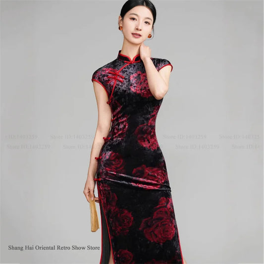 Vintage Women Velvet Cheongsam Improved Plus Size Dress Chinese Traditional Evening Dresses Female Sexy Long Qipao Costume 3XL