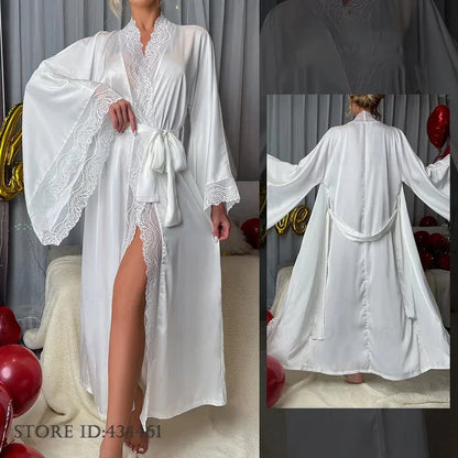 Sexy Lace Kimono Bathrobe Gown Ice Silk Women Long Robe Dress Nightgown Spring New Sleepwear Nightwear Loose Homewear Loungewear