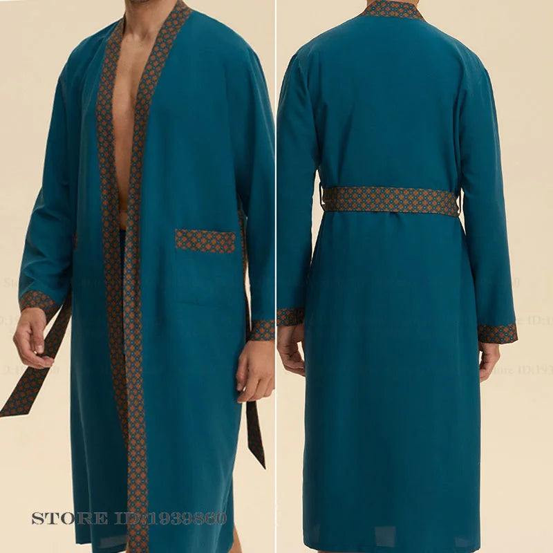 Baroque Style Men's Long Robe Set Pajamas Silky Satin Print Kimono Gown Bathrobe Shorts Pijamas Suit Loose Homewear Lounge Wear