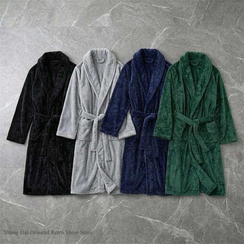 Thicken Flannel Men's Robe Kimono Gown Autumn Winter New Sleepwear Home Clothes Green Loose Coral Fleece Loungewear Bathrobe