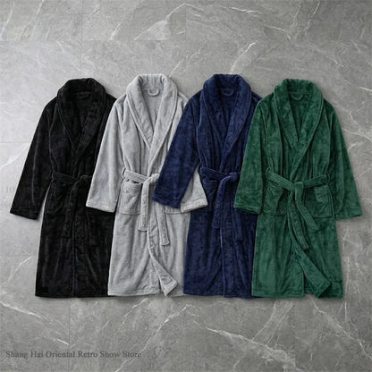 Thicken Flannel Men's Robe Kimono Gown Autumn Winter New Sleepwear Home Clothes Green Loose Coral Fleece Loungewear Bathrobe