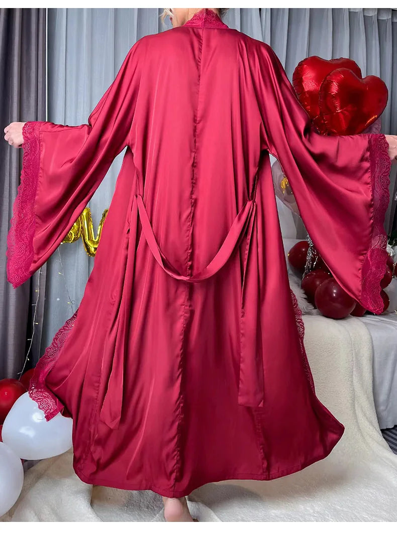 Sexy Lace Kimono Bathrobe Gown Ice Silk Women Long Robe Dress Nightgown Spring New Sleepwear Nightwear Loose Homewear Loungewear