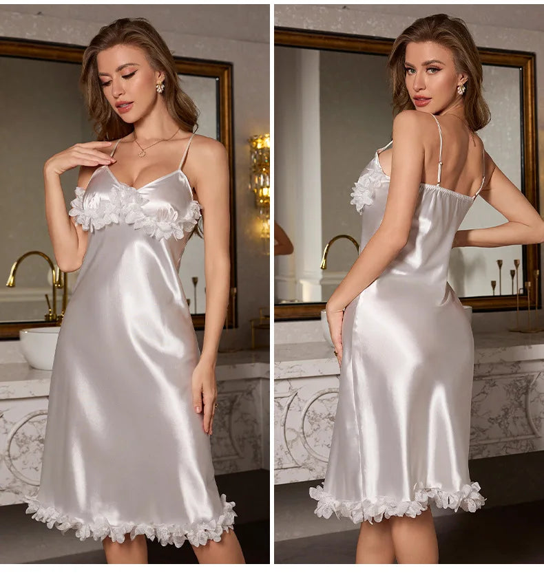 Female Chemise Nightgown Sleepwear Sexy Lace Spaghetti Strap Nightdress Intimate Lingerie Summer New Satin Home Dressing Gown
