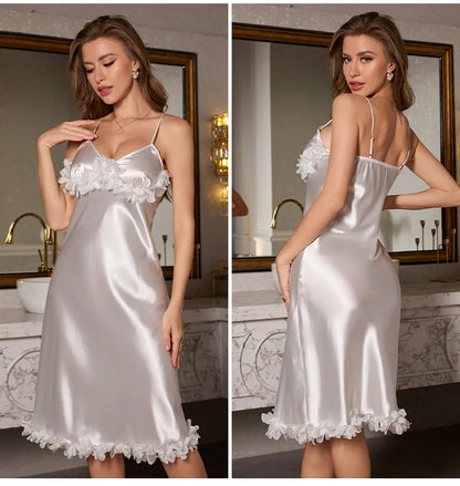 Female Chemise Nightgown Sleepwear Sexy Lace Spaghetti Strap Nightdress Intimate Lingerie Summer New Satin Home Dressing Gown