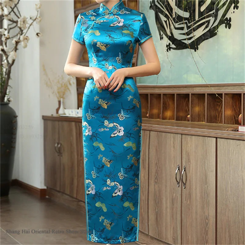 Traditional Satin Long Green Cheongsam Vintage Chinse Style Women's Vestido Dress Summer Jacquard Short Sleeve Qipao Asian Dress