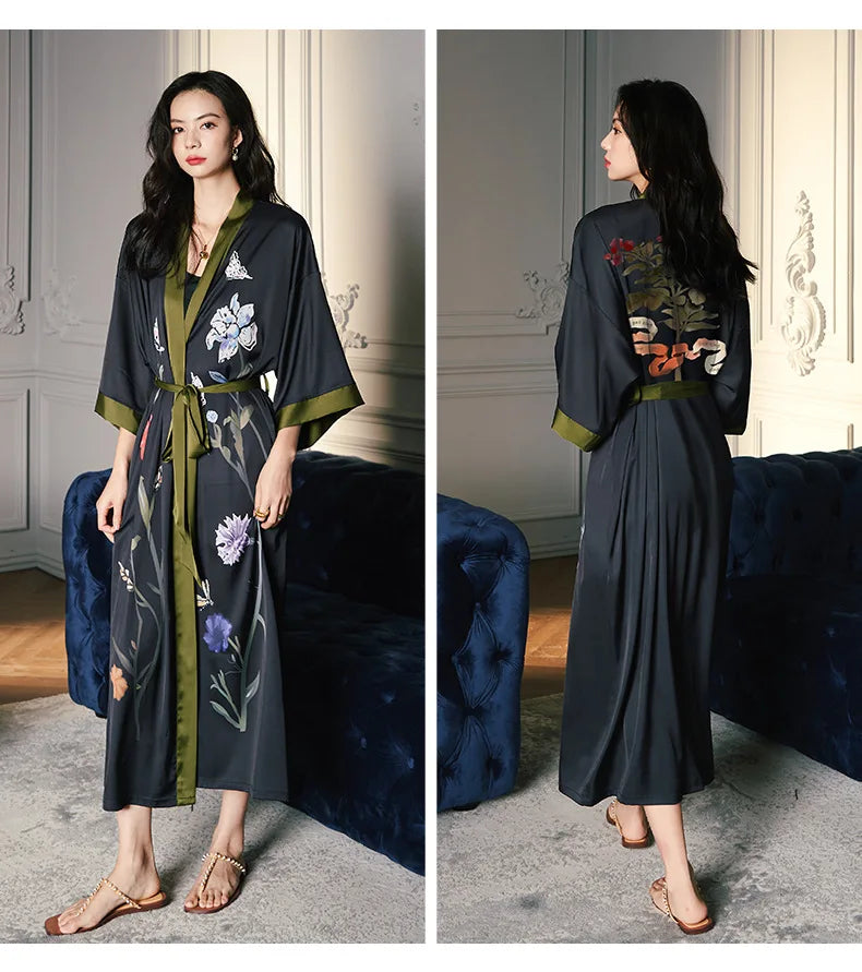 Black Print Flower Long Robe Nightgown Spring Summer Half Sleeve Kimono Bathrobe Gown Women Sexy Rayon Home Dress Loungewear