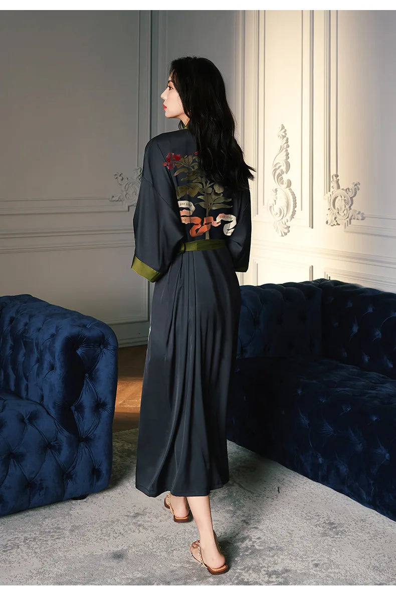 Black Print Flower Long Robe Nightgown Spring Summer Half Sleeve Kimono Bathrobe Gown Women Sexy Rayon Home Dress Loungewear