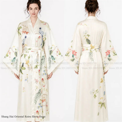Print Flower Female Long Robe Big Sleeve Kimono Bathrobe Gown Spring Summer Silk Satin Sleepwear Night Dress Loose Homewear