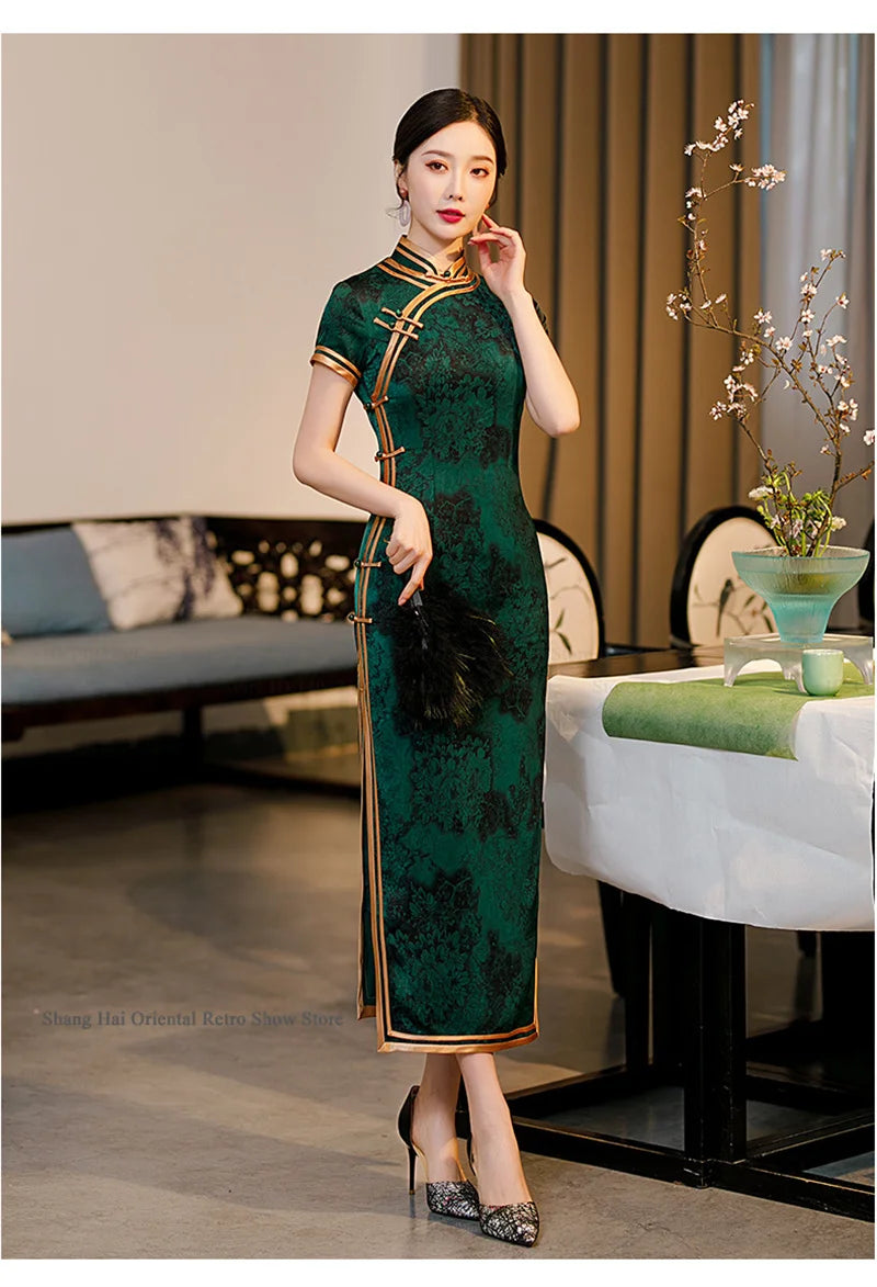 Traditional Chinese Long Cheongsam Plus Size Print Flower Chinese Dress Sexy Slim Split Qipao Novelty Party Evening Party Dress