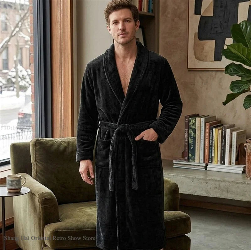 Thicken Flannel Men's Robe Kimono Gown Autumn Winter New Sleepwear Home Clothes Green Loose Coral Fleece Loungewear Bathrobe