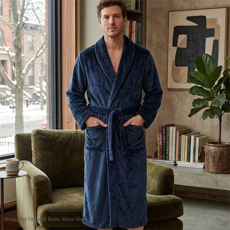 Thicken Flannel Men's Robe Kimono Gown Autumn Winter New Sleepwear Home Clothes Green Loose Coral Fleece Loungewear Bathrobe