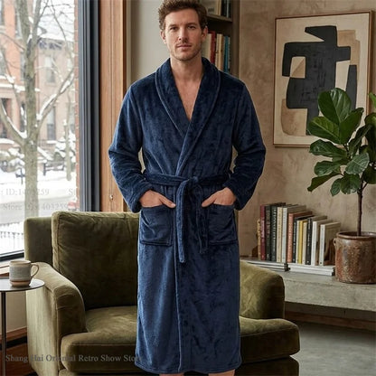 Thicken Flannel Men's Robe Kimono Gown Autumn Winter New Sleepwear Home Clothes Green Loose Coral Fleece Loungewear Bathrobe