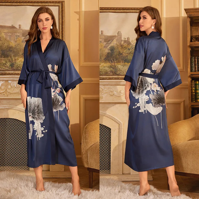 Female Long Robe Chinese Style Print Flower Sleepwear Nightgown Half Sleeve Kimono Bathrobe Gown Loose Casual Satin Home Wear