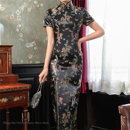 Traditional Chinese Dress Classic Vintage Female Long Cheongsam Asian Dress Jacquard Dragon Phoenix Y2K Qipao Sexy Satin Vestido