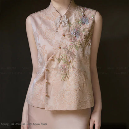 New Chinese Style Women Costume Vest Qipao Set Retro Jacquard Embroidery Tang Costume Silky Satin Waistcoat Dress Evening Dress